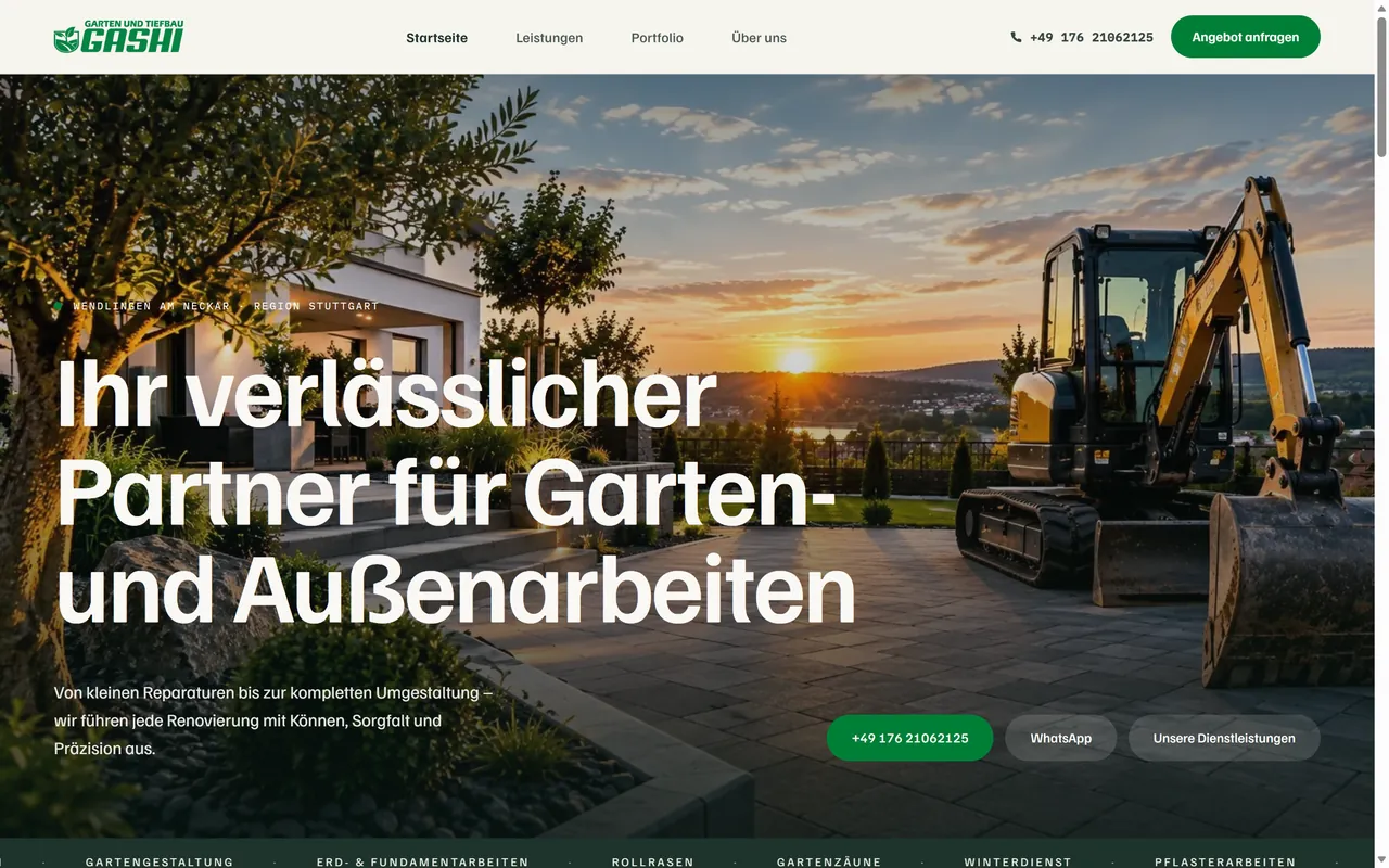 The Gashi Garten und Tiefbau website on a desktop screen