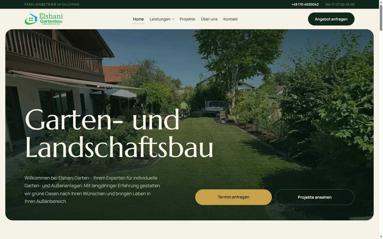 The Elshani Garten website on a desktop screen