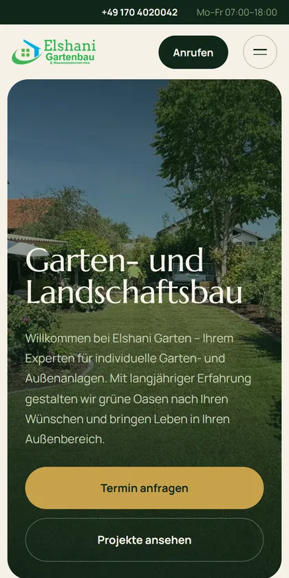The Elshani Garten website on a phone