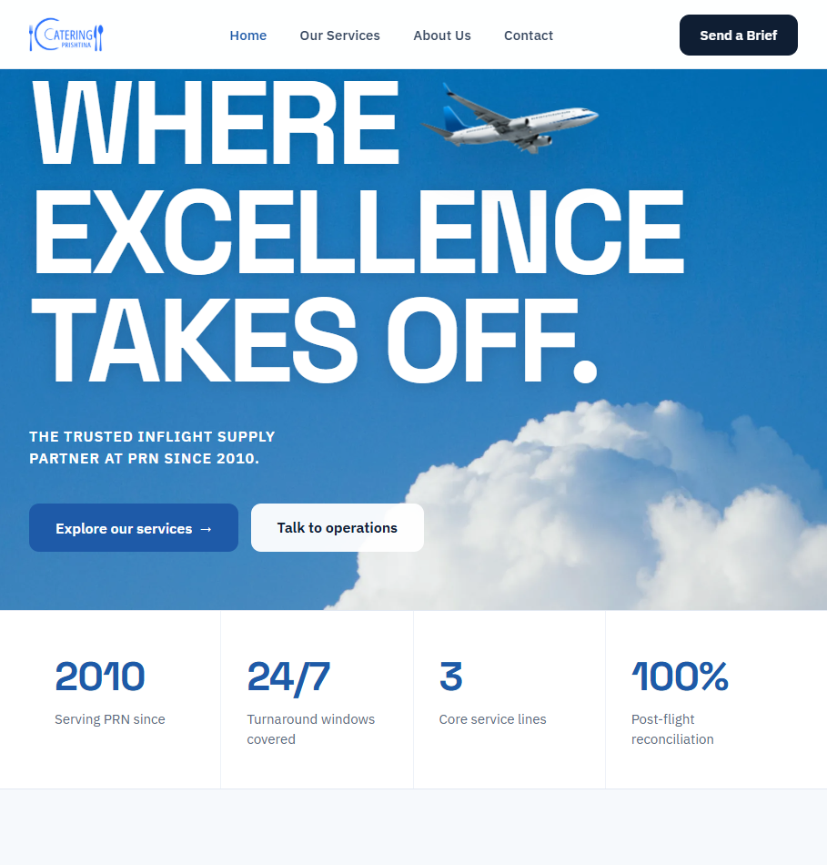 The complete opening of the Catering Prishtina homepage — navigation, the Where Excellence Takes Off hero, two calls to action and the four operational statistics below it.