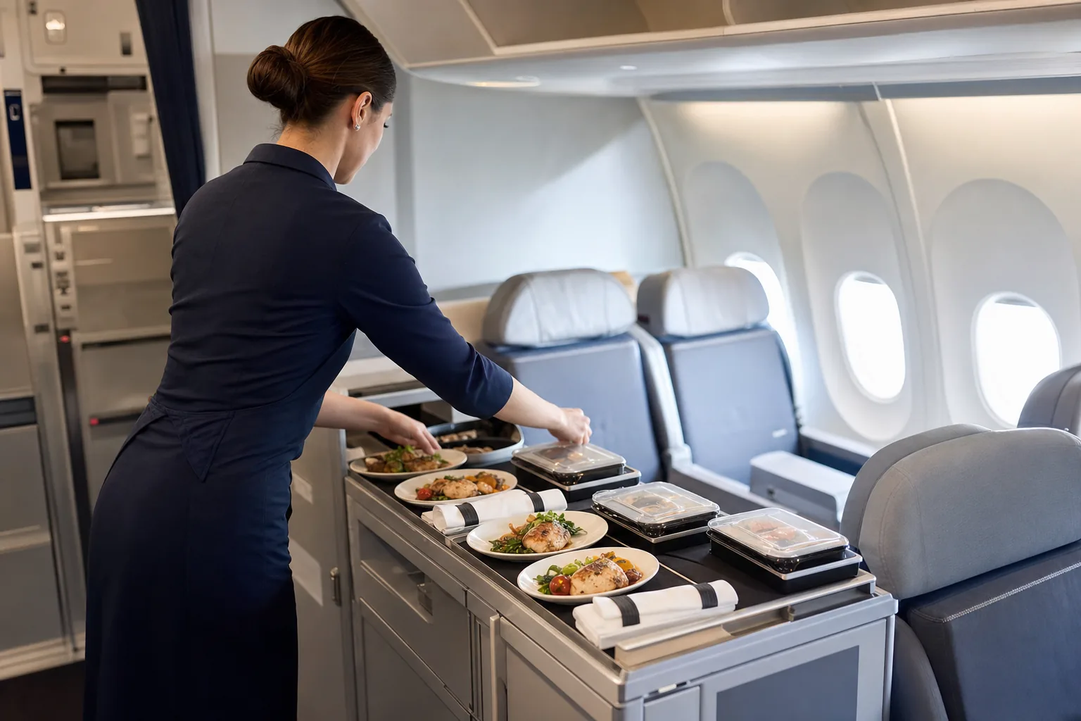 An airline meal tray arranged for inflight service.