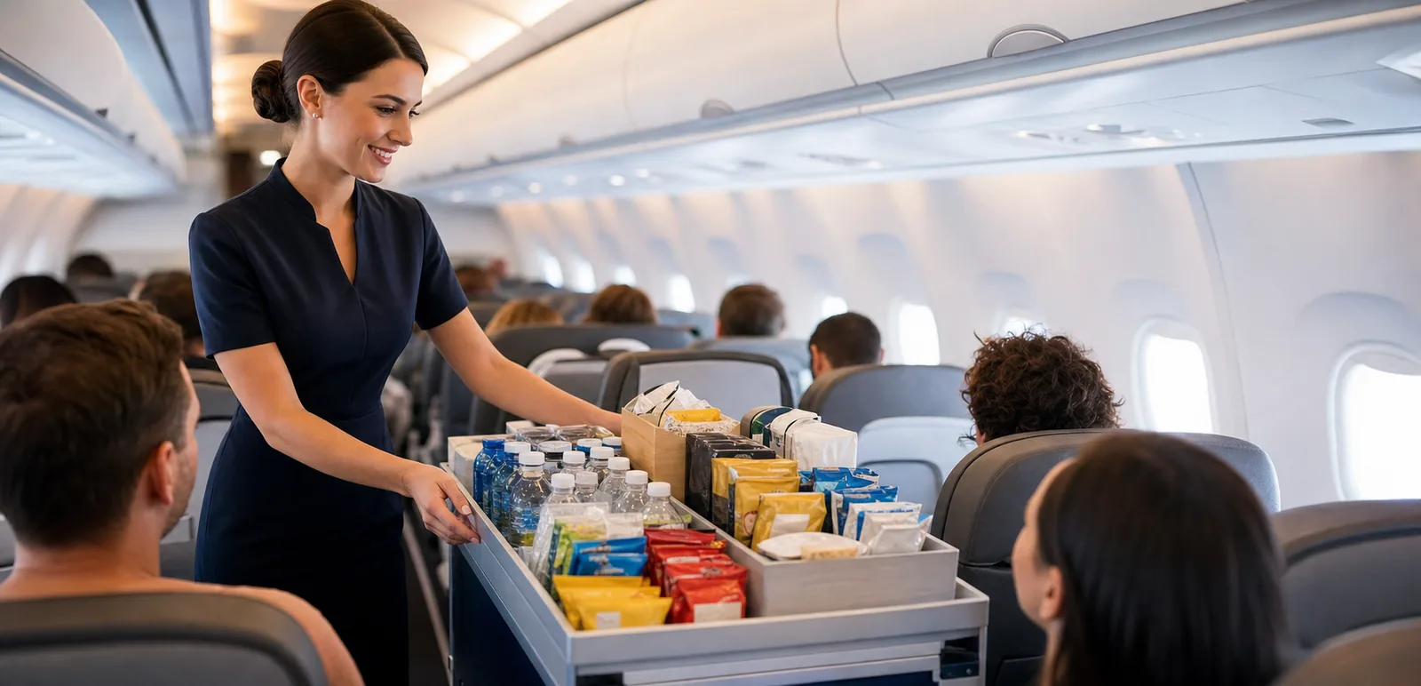 An airline onboard-retail cart prepared for service.