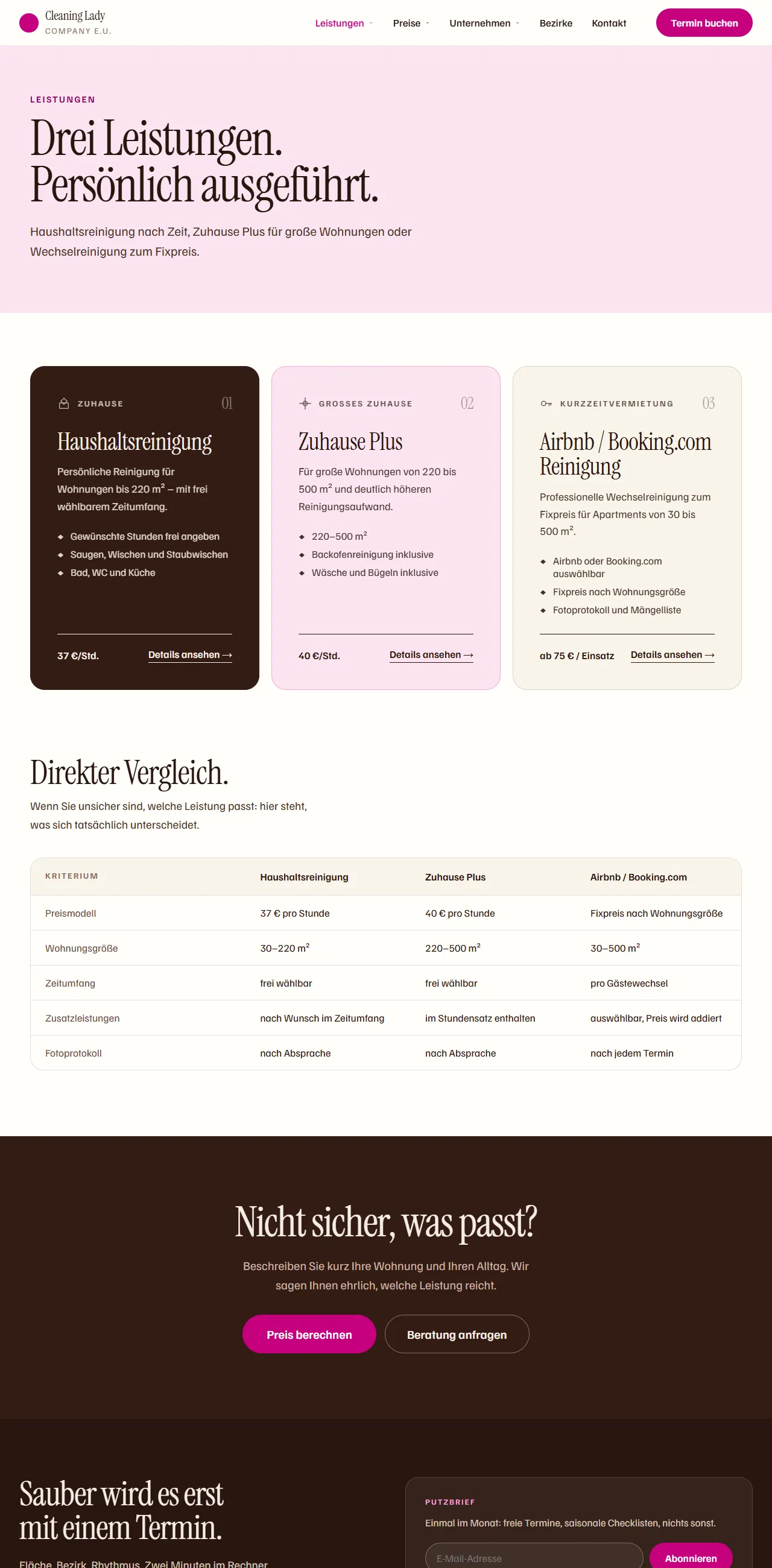Cleaning Lady Company — Services page.