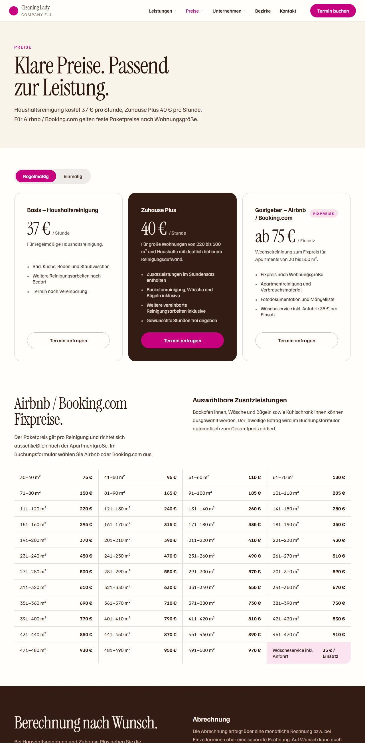 Cleaning Lady Company — Prices page.