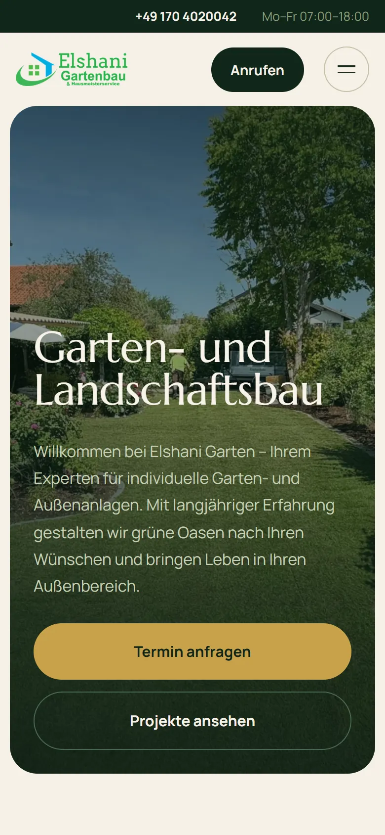 Elshani Garten homepage on a phone.
