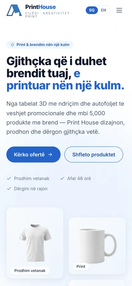 The Print House home page on a phone — the headline stacks to four lines above the quote and catalogue buttons and the floating product cards.