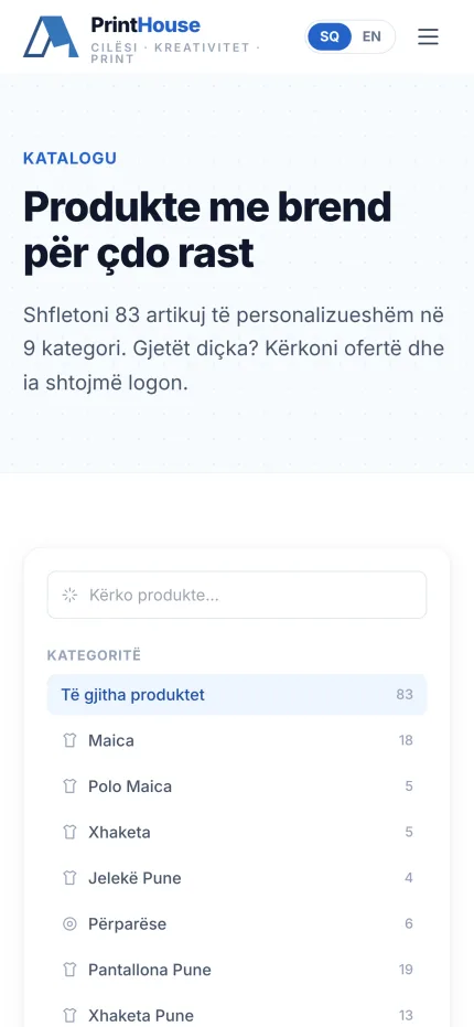The catalogue on a phone — category filters collapse above a single-column product grid.