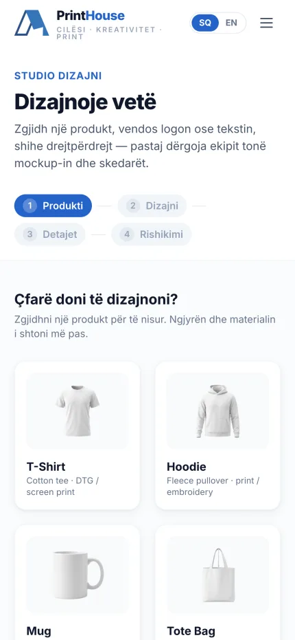 The design studio on a phone — the four-step progress bar wraps and the product choices stack into a single column.