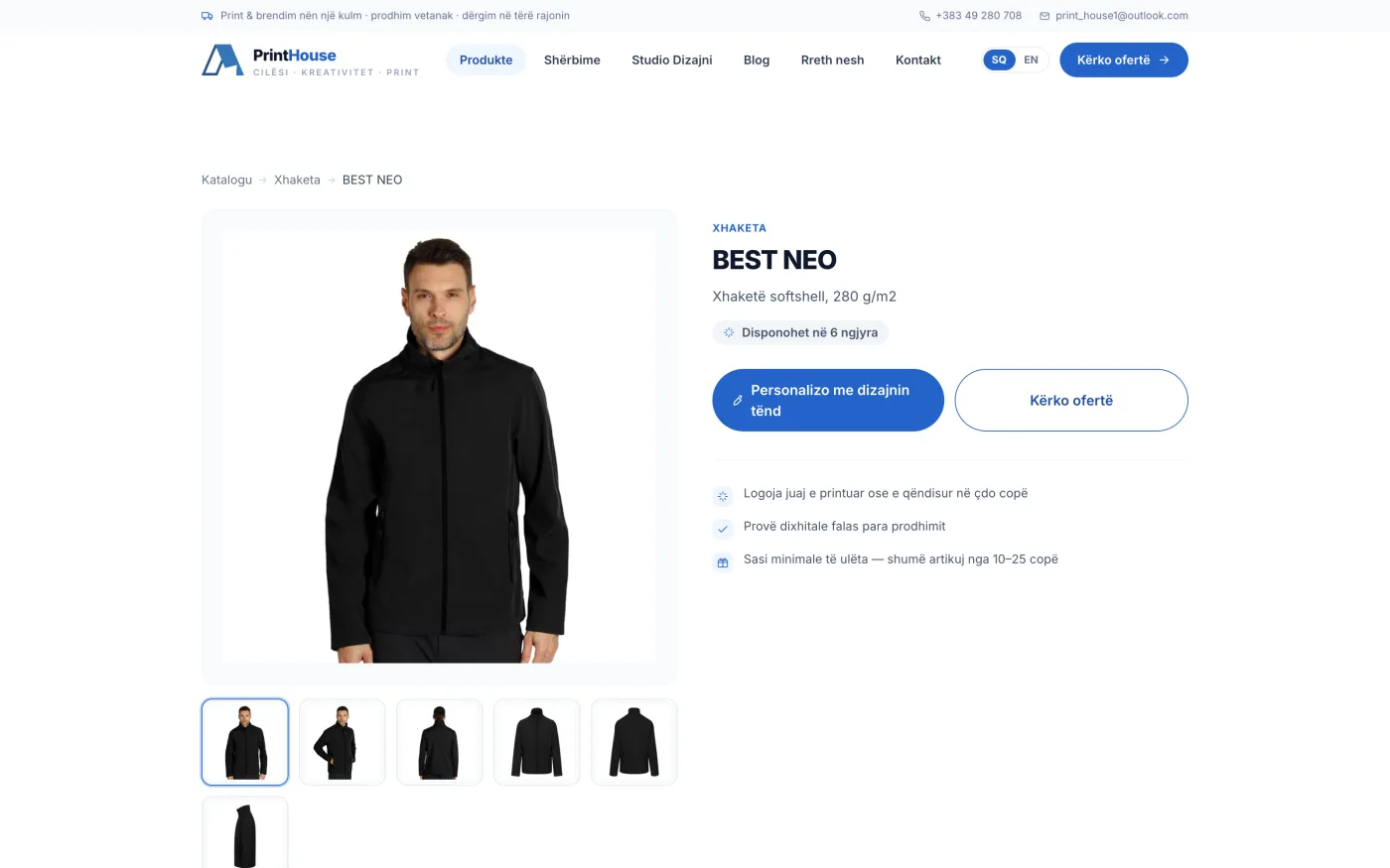 The BEST NEO product page — a softshell jacket at 280 g/m2, available in 6 colours, with 'Personalizo me dizajnin tënd' and 'Kërko ofertë' buttons and six alternate photographs.