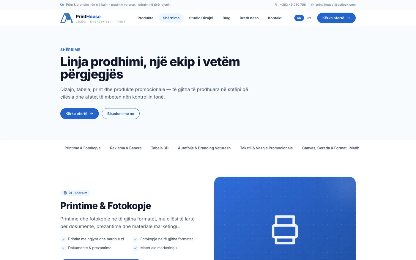The Print House services page — headline 'Linja prodhimi, një ekip i vetëm përgjegjës', a jump-link bar for all six lines, and a detailed section for printing and photocopying.