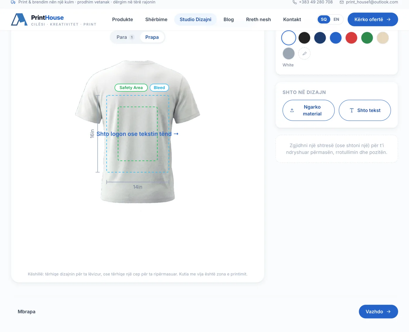 The design studio showing the back view of the t-shirt with its own empty print zone, safety area and bleed guides.