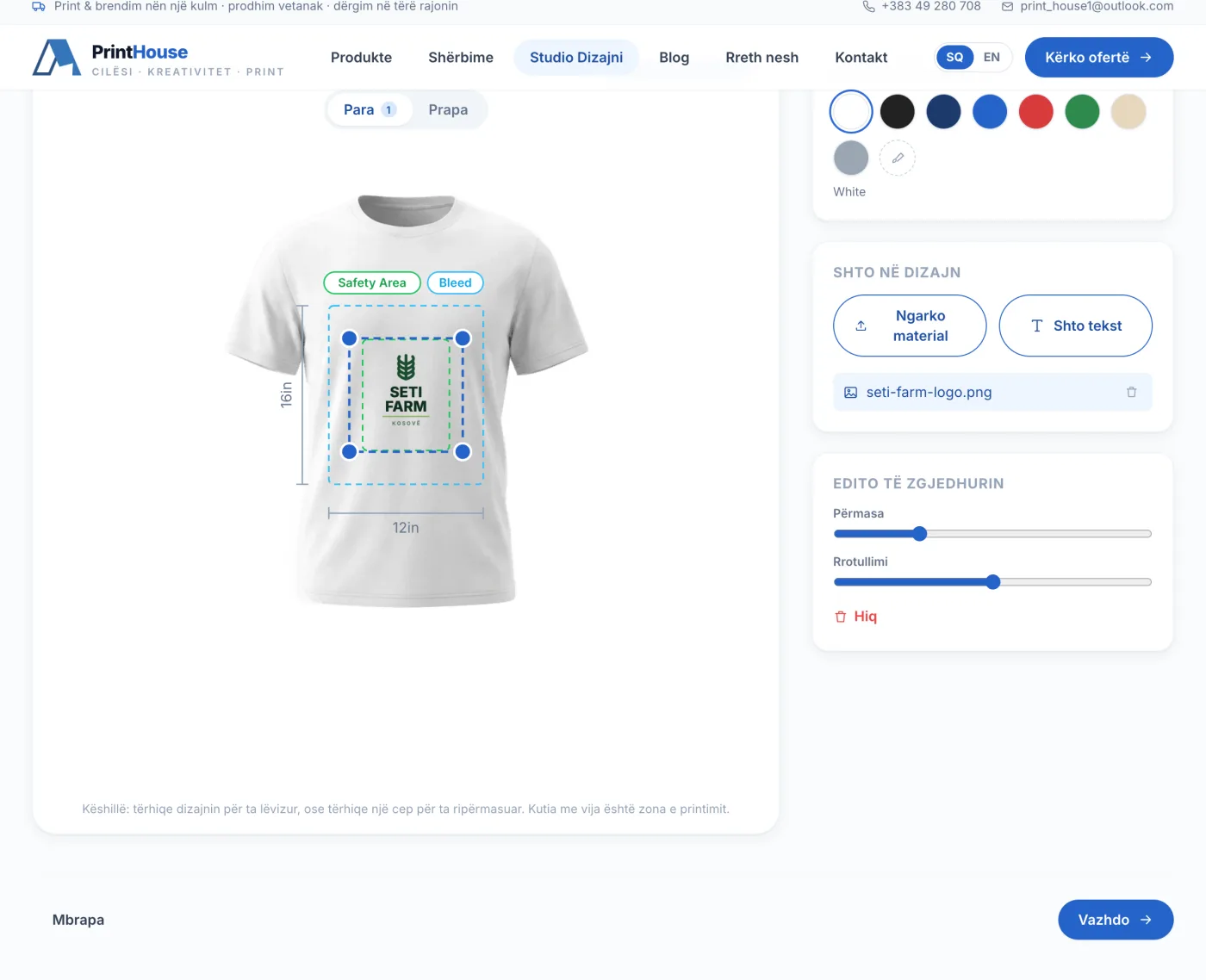 The Print House design studio editor — a white t-shirt with a customer logo placed inside a dashed print zone labelled 12in by 16in, with green 'Safety Area' and blue 'Bleed' guides, drag handles on the artwork, a product colour row, and a layer list showing seti-farm-logo.png with size and rotation controls.
