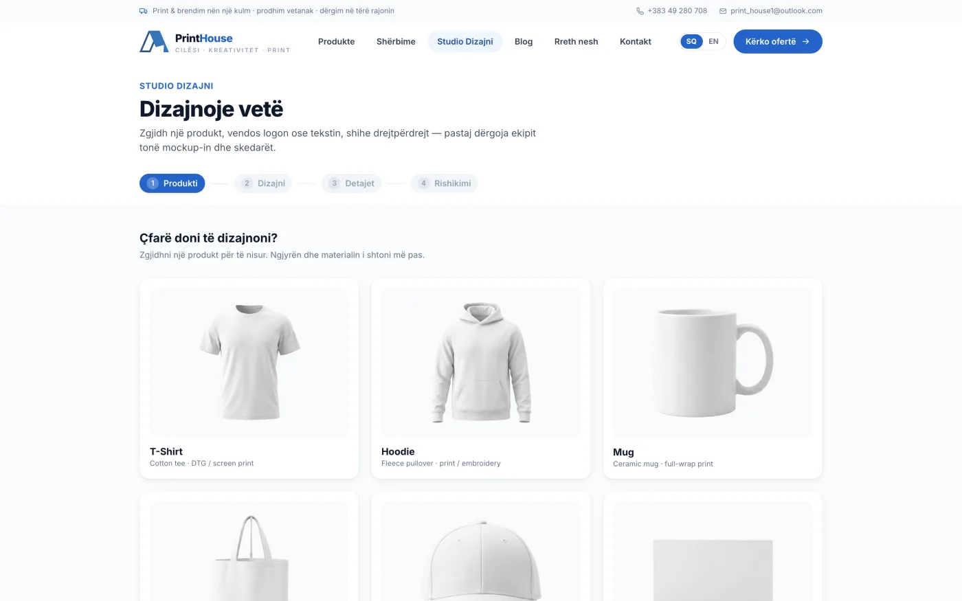The design studio's first step — 'Dizajnoje vetë' with a four-step progress bar and a grid of product choices including t-shirt, hoodie and mug.