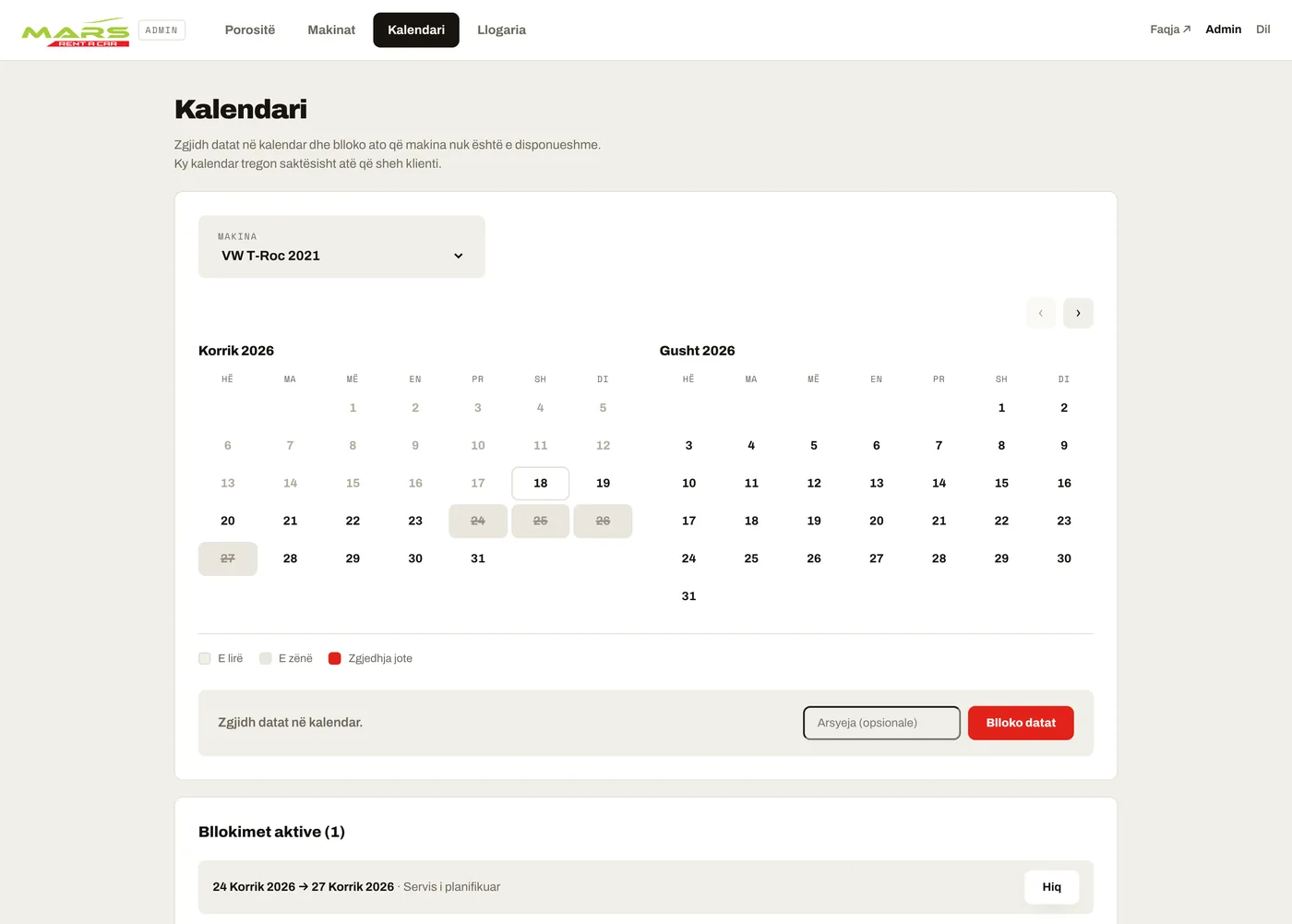 The back office availability calendar for the VW T-Roc 2021, showing July and August 2026 with dates blocked for scheduled service shaded and struck through, a reason field, and a 'Bllloko datat' button.