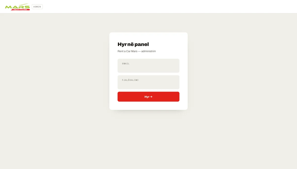 The Rent a Car Mars staff login screen — an email and password card headed 'Hyr në panel' on the site's cream background.