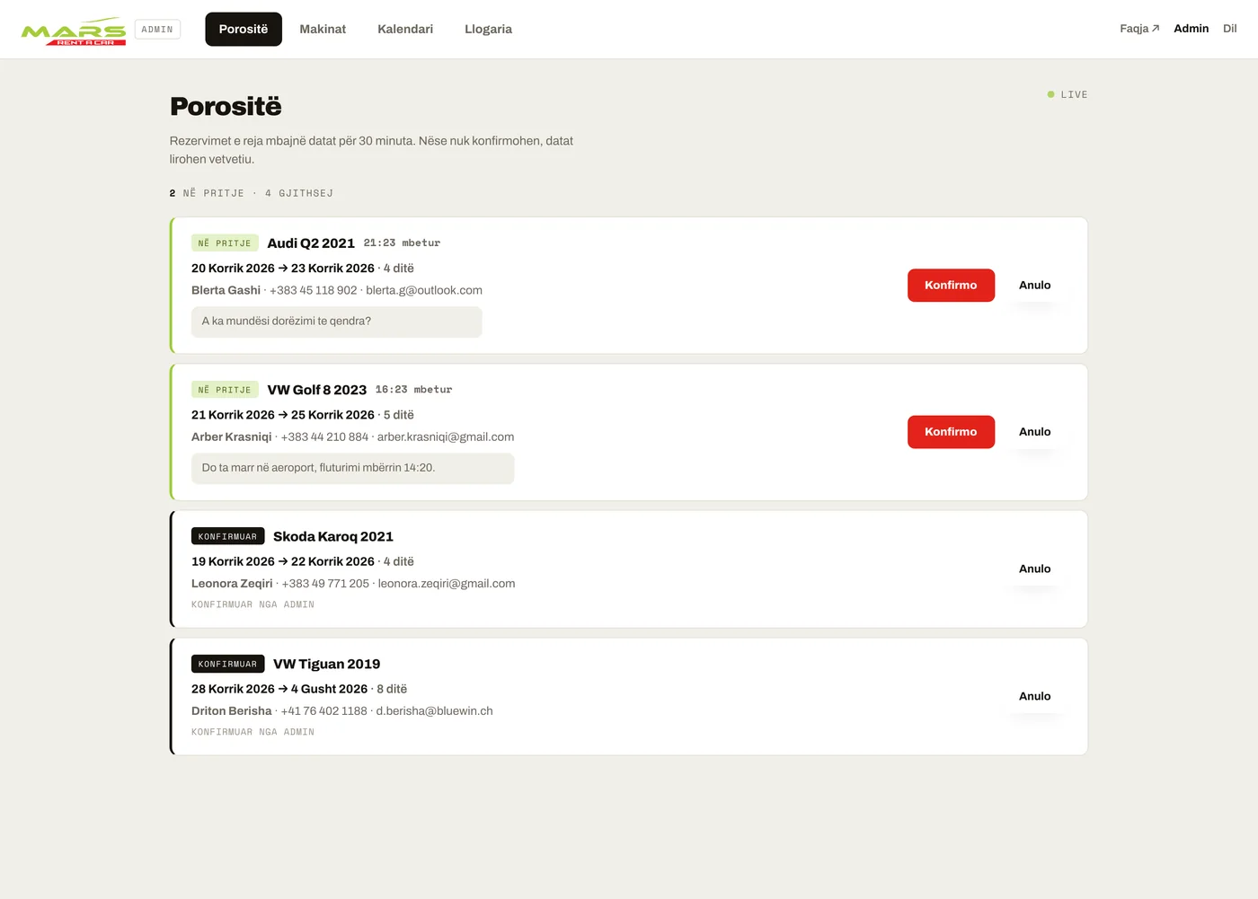 The Rent a Car Mars back office orders screen — a LIVE indicator, a count of 2 pending out of 4 total, then two pending reservations for an Audi Q2 and a VW Golf 8 each showing a countdown of the time left on the hold, the dates, the customer's name, phone and email, their message, and Konfirmo and Anulo buttons, above two already-confirmed reservations.