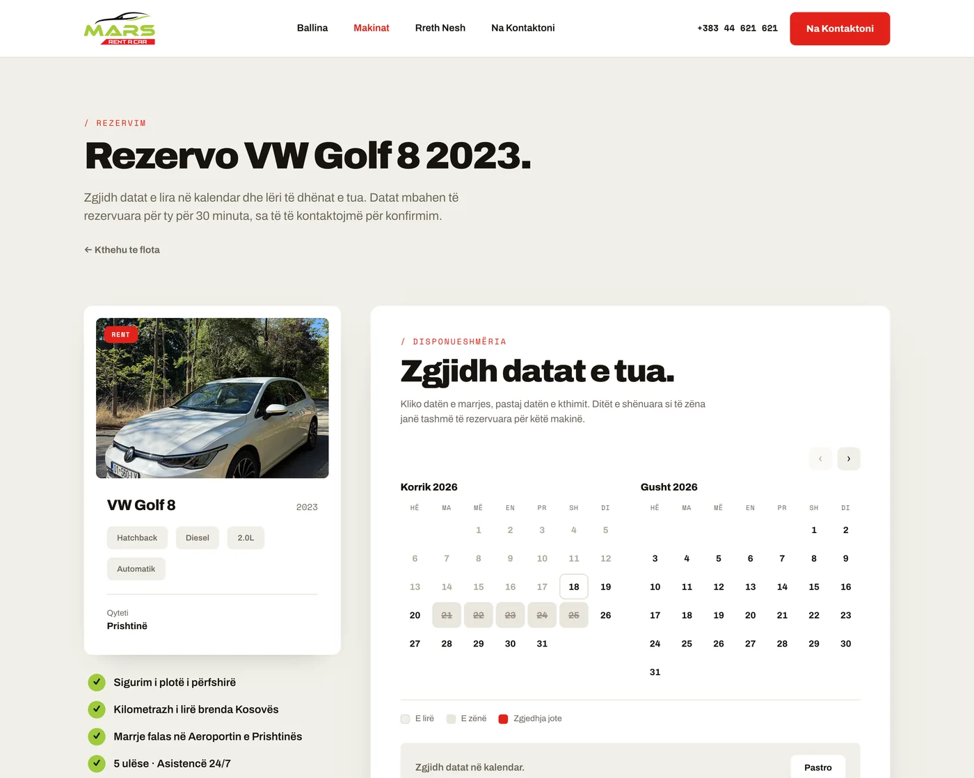 The Rent a Car Mars reservation page for the VW Golf 8 2023 — a car card with specification chips and included extras beside a two-month availability calendar for July and August 2026, in which 21 to 25 July are shaded and struck through as already taken, with a legend for free, taken and your selection.