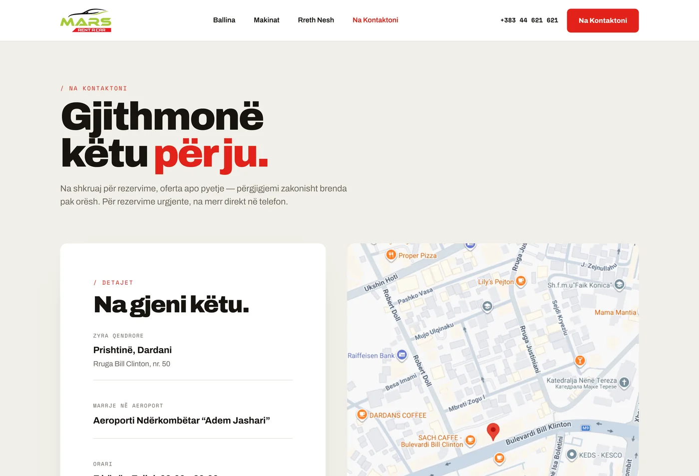 The Rent a Car Mars contact page — the central office address on Rruga Bill Clinton and airport pickup details beside an embedded Google map with the office pinned.