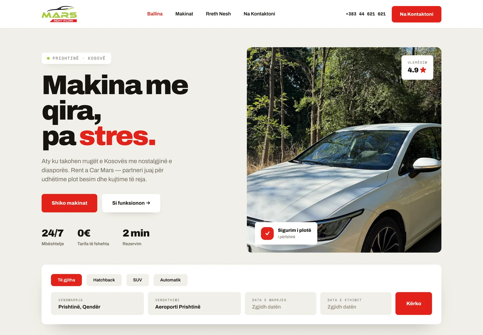 The Rent a Car Mars home page — the headline 'Makina me qira, pa stres.' beside a photograph of a white VW Golf 8, with a 4.9 rating badge, a 'full insurance included' card, and a search bar for pickup location, drop-off location and dates.