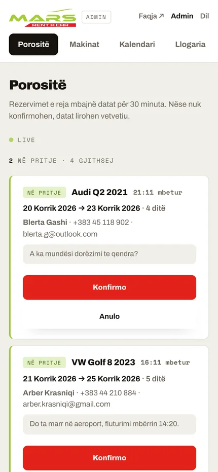 The back office orders screen on a phone — pending reservations with their countdowns and full-width Konfirmo and Anulo buttons.