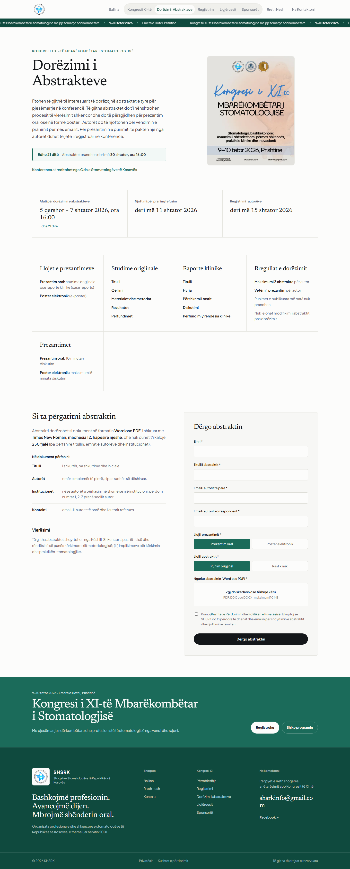 Full SHSRK abstract page with dates, writing guidance, presentation rules and a single submission form.