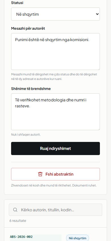 Mobile SHSRK admin showing status, author message and internal notes.