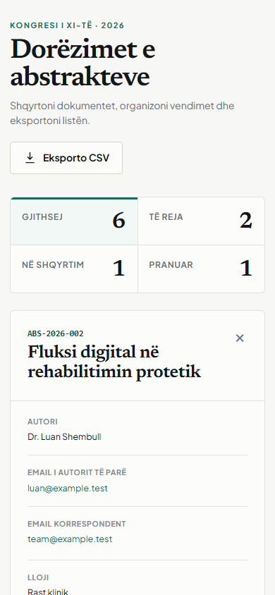Mobile SHSRK admin showing workload totals and the selected abstract.