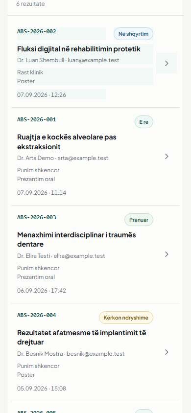 Mobile SHSRK admin showing the searchable abstract queue and review states.