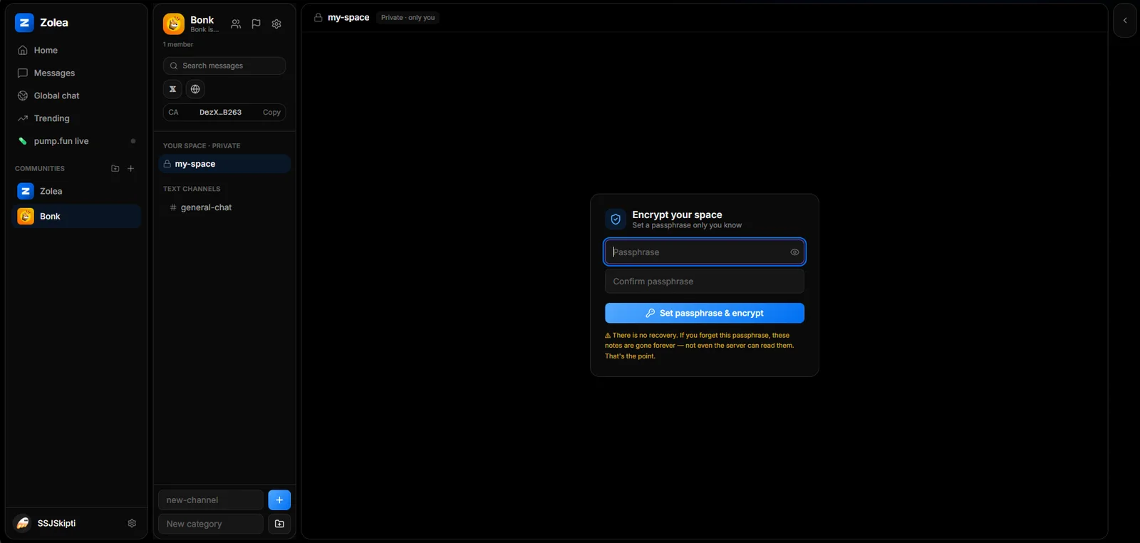 Zolea private space — an Encrypt your space dialog asking for a passphrase, warning there is no recovery.