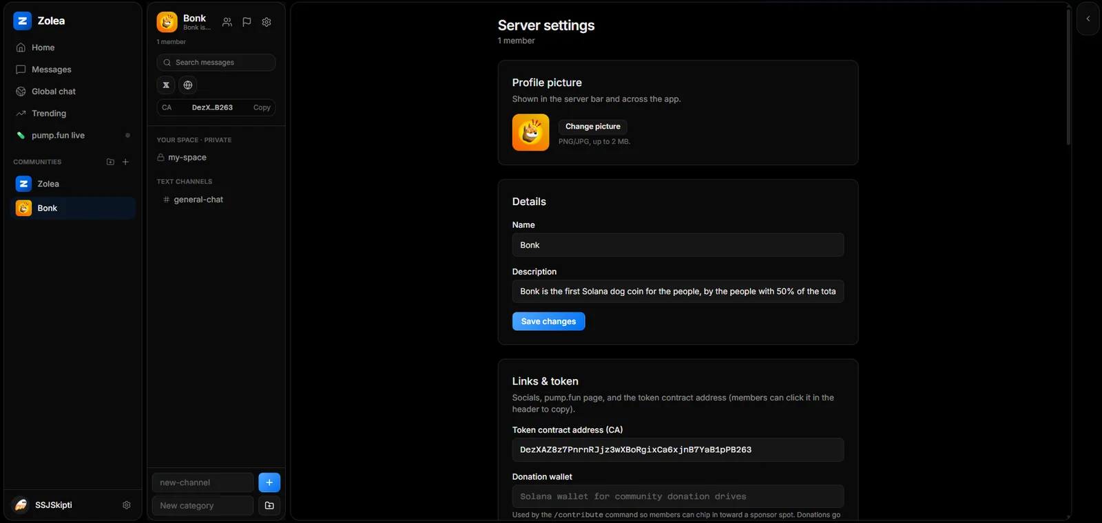 Zolea server settings — profile picture, details, links and token, and a donation wallet.