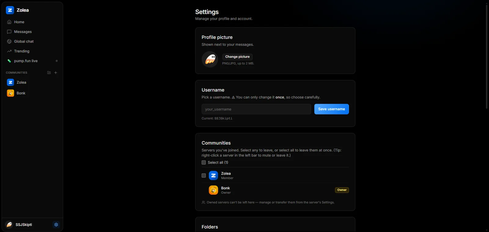 Zolea account settings — profile, username, communities and folders.