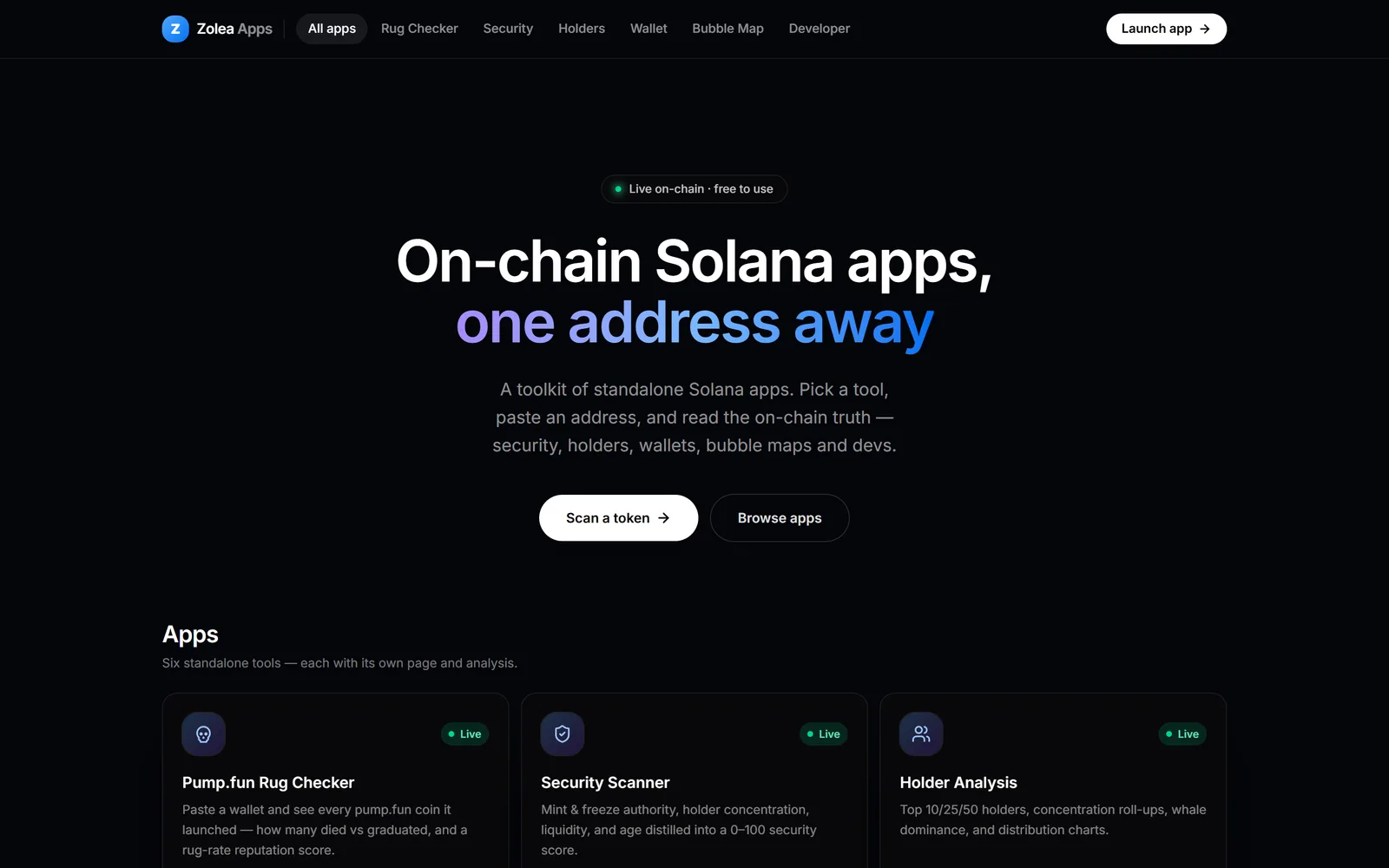 Zolea Apps — On-chain Solana apps, one address away: a toolkit of standalone analysis tools.