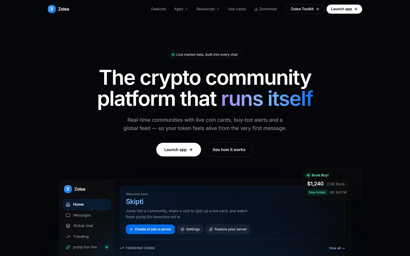 The Zolea marketing site — the crypto community platform, with a live product preview.